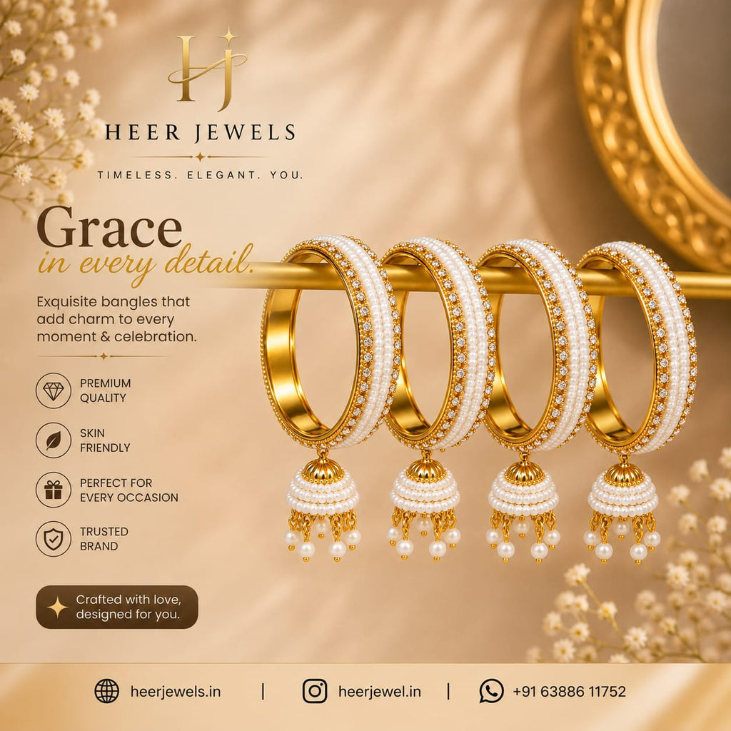 HeerJewels pearl jhumka bangles set of 4 on gold rod