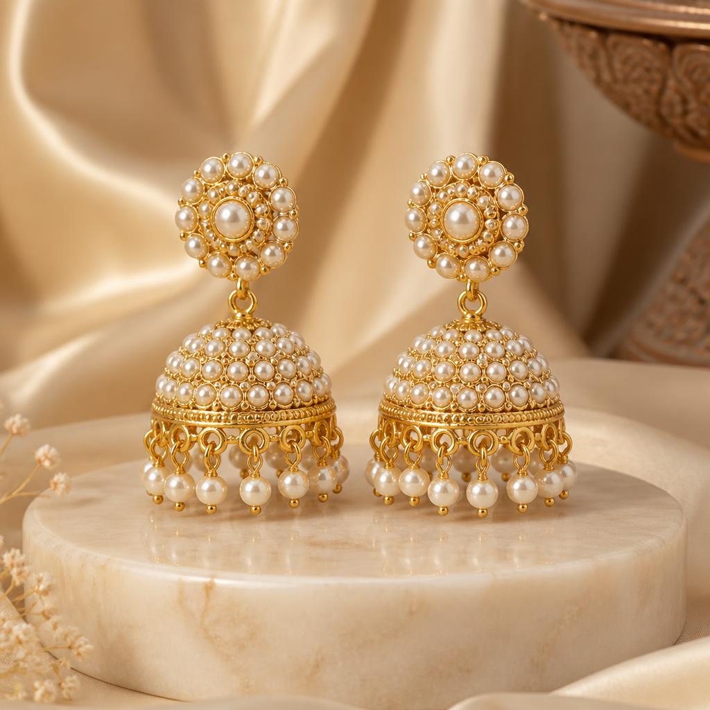 Gold plated pearl jhumka earrings on marble pedestal