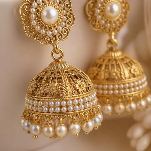 Close up of pearl and gold filigree detail on jhumka earrings