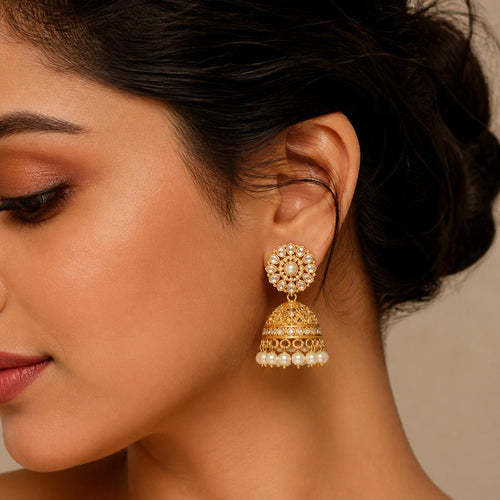 Model wearing Heer pearl jhumka earrings