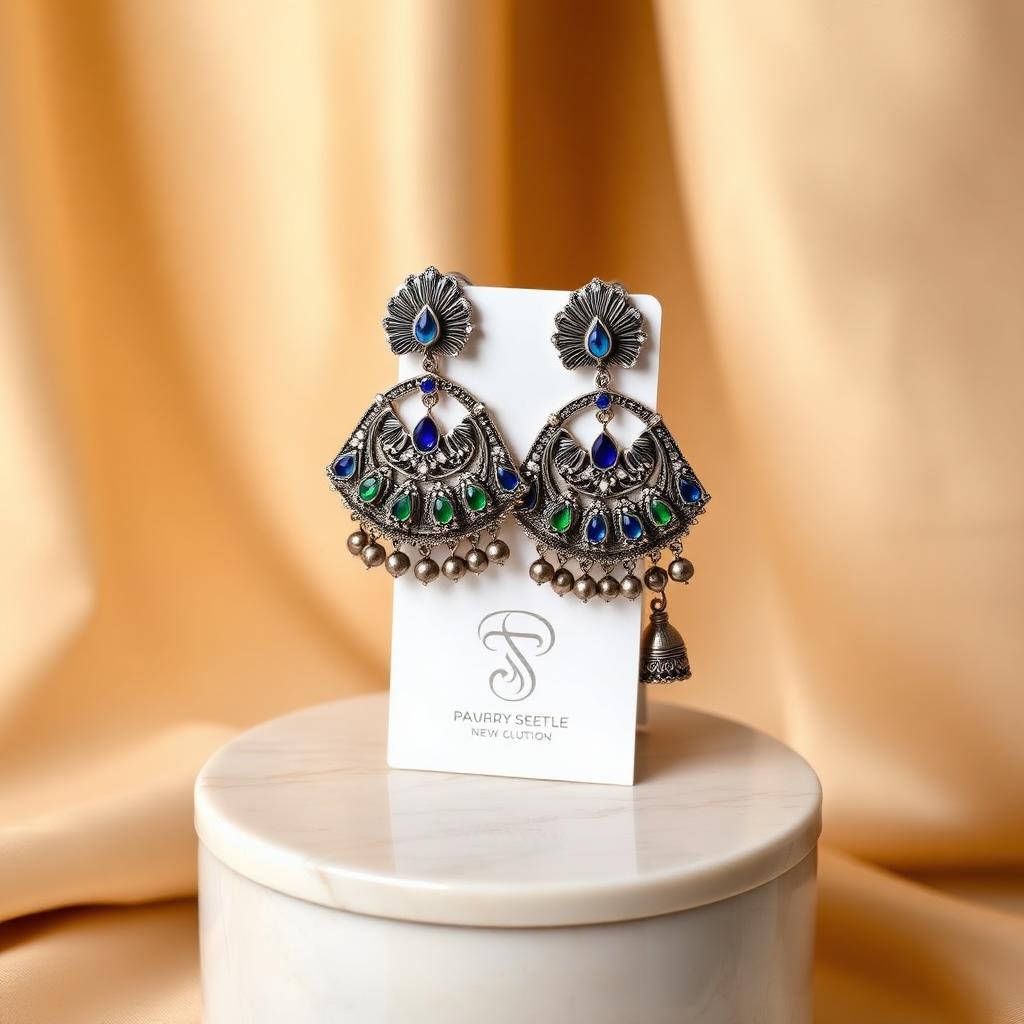 Mor Pankh oxidized jhumka earrings on display card