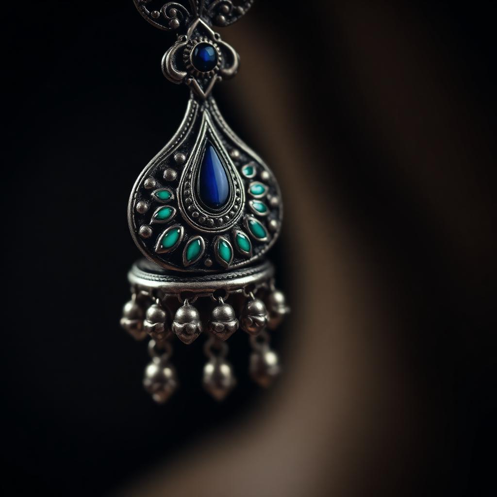 Close-up of peacock enamel detail on oxidized silver jhumka