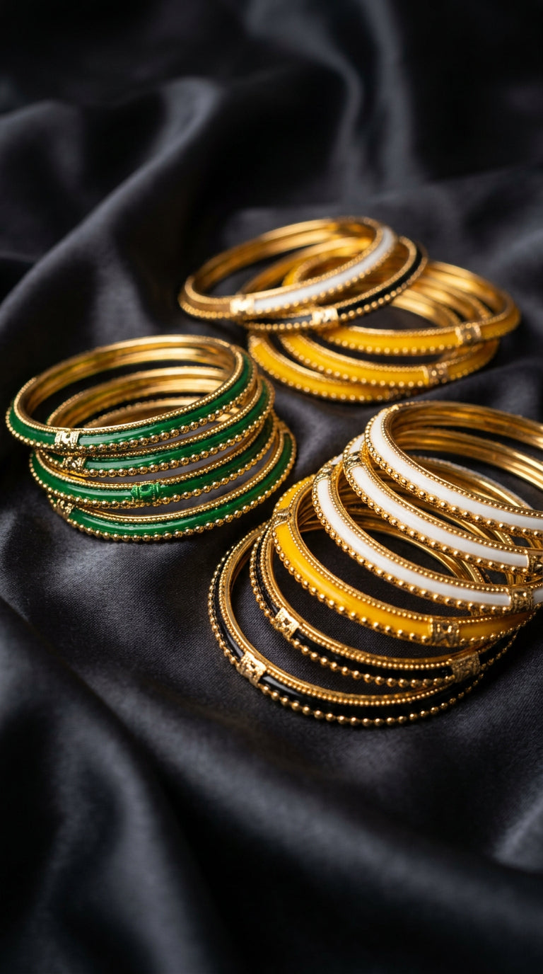 Close-up of gold bangles with green white and yellow accents on dark silk