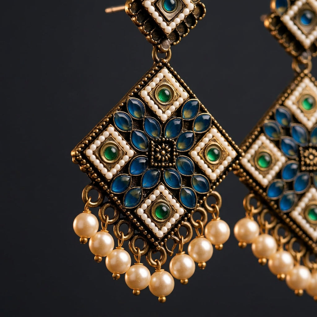 Macro close-up of kundan stones and pearl dangles