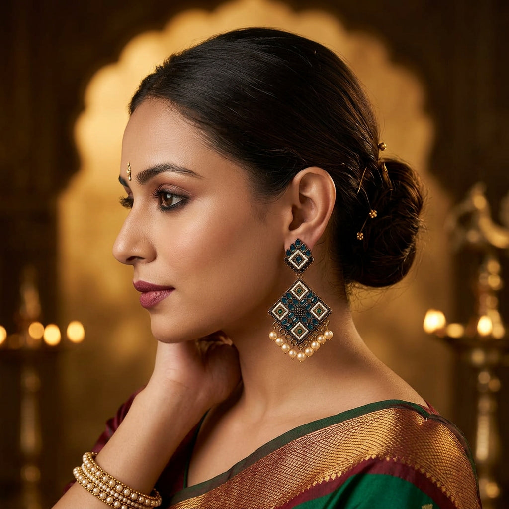 Model wearing Neelam Kundan dangler earring with silk saree