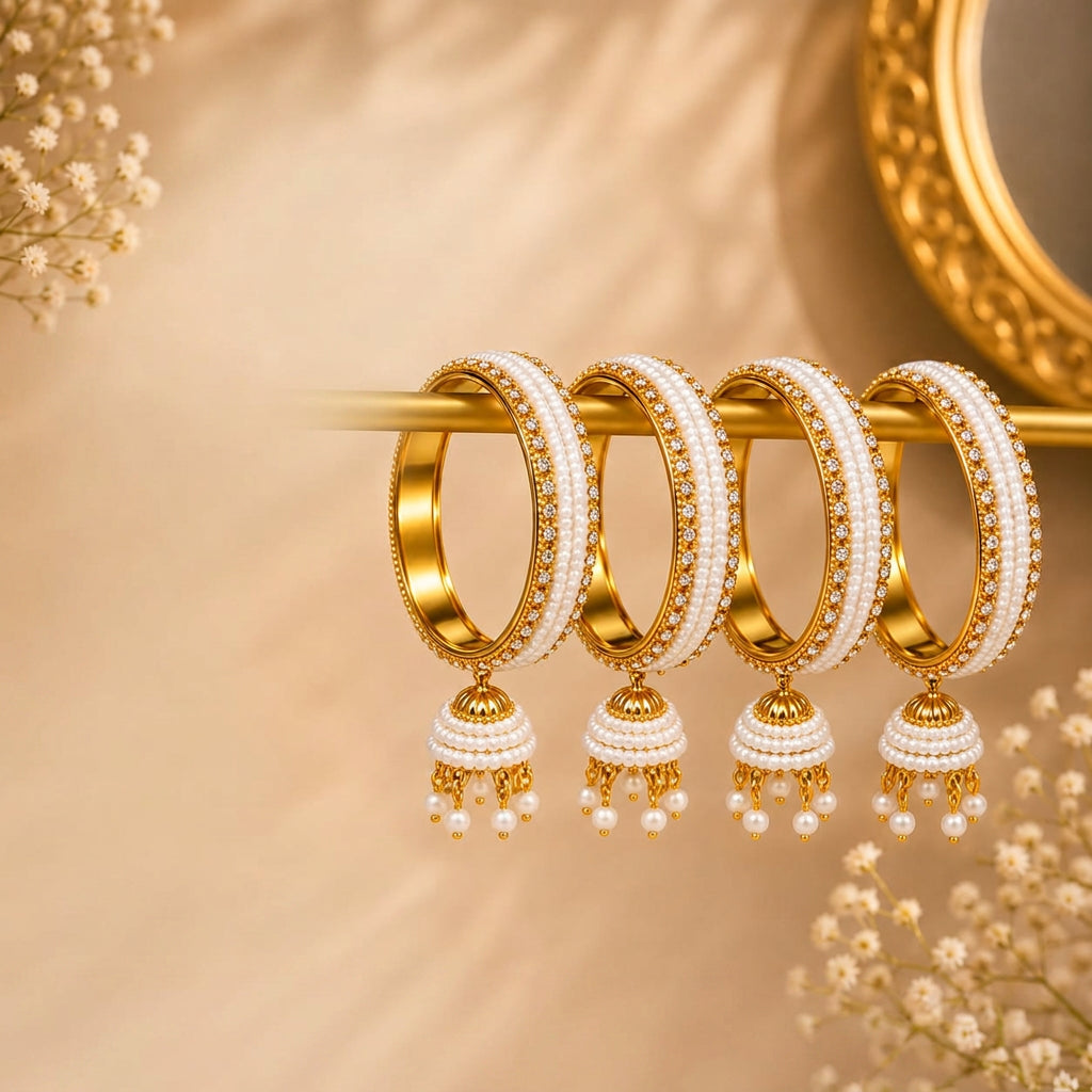 Pearl jhumka bangles on gold rod with cream backdrop
